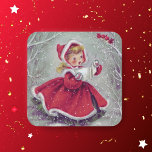 Cute Vintage Christmas Girl Caroling in Snow Square Sticker<br><div class="desc">This sticker features a vintage illustration of a young girl wearing a red hooded-coat trimmed with white fur caroling in the snow as a couple of little red birds nestled on a branch listen on.</div>