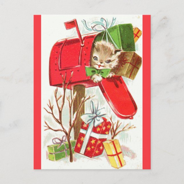 Cute Vintage Christmas Kitten Cat Gift Postcard (Front)