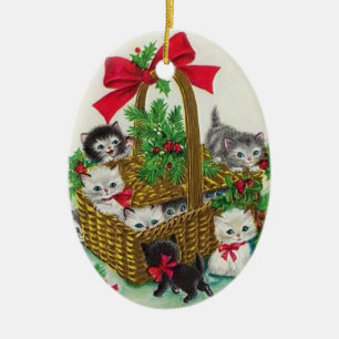 Cute Vintage Christmas Kittens In A Basket Ceramic Tree Decoration