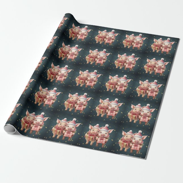 Cute vintage Christmas Pigs Wrapping Paper (Unrolled)