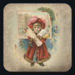 Cute Vintage Christmas Shopper  Square Sticker<br><div class="desc">Adorable Victorian child after shopping trip in fur-trimmed red coat and bonnet with arms filled with gifts with city vignette,  blue winter sky and candles on decorative rustic sepia background.</div>