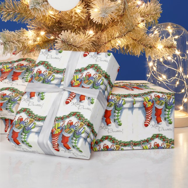 Cute Vintage Christmas, Stockings, Fireplace Wrapping Paper (Holidays)