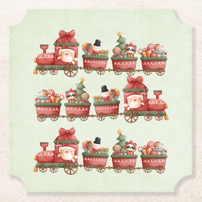 Cute Vintage Christmas Train with Toys Paper Coaster (Front)