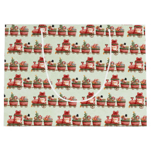 Cute Vintage Christmas Train with Toys Pattern Large Gift Bag