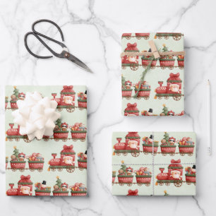 Cute Vintage Christmas Train with Toys Pattern Wrapping Paper Sheet
