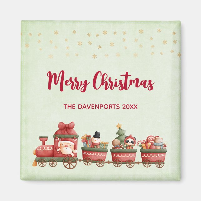 Cute Vintage Christmas Train with Toys Xmas Magnet (Front)