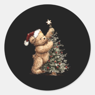 Cute Vintage Christmas Tree And Teddy Bear Santa H Classic Round Sticker