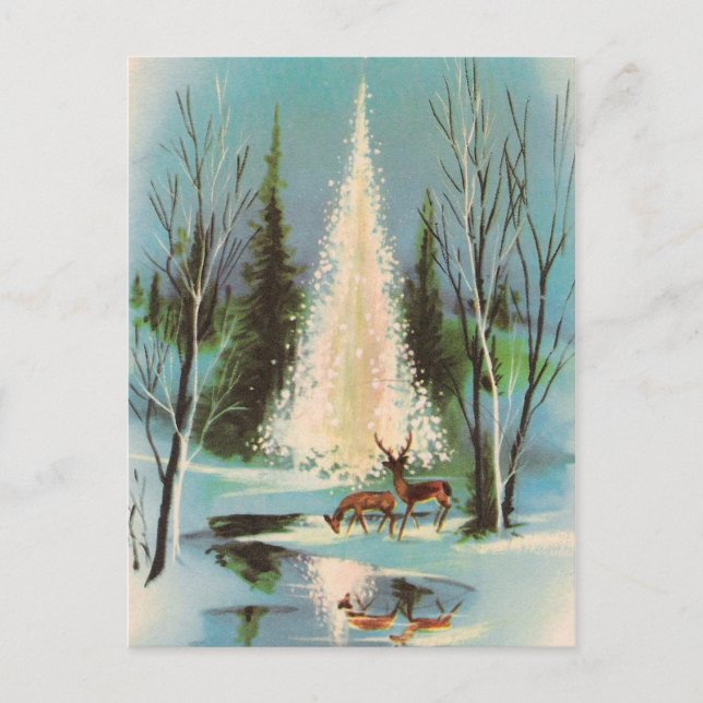 Cute Vintage Christmas Tree with Deer Postcard (Front)