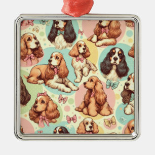 Cute Vintage Cocker Spaniel Seamless Pattern Metal Tree Decoration