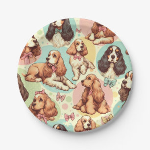 Cute Vintage Cocker Spaniel Seamless Pattern Paper Plate