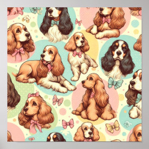 Cute Vintage Cocker Spaniel Seamless Pattern Poster