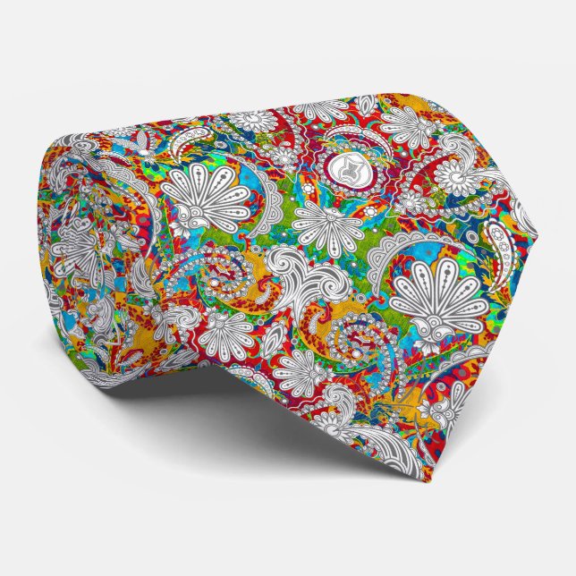 Cute vintage colourful white paisley patterns tie (Rolled)