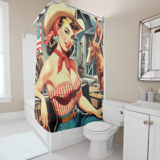Cute Vintage Country Girl Pin-up Shower Curtain (In Situ)