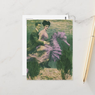 Cute Vintage Couple on their purple seahorse Postcard