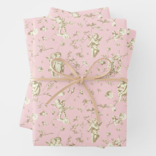 Cute Vintage Cupid Angel Beige Pink Floral Toile Wrapping Paper Sheet