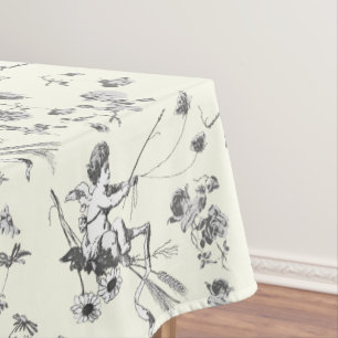 Cute Vintage Cupid Angel Black White Floral Toile Tablecloth