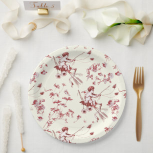 Cute Vintage Cupid Angel Ivory Red Floral Toile Paper Plate