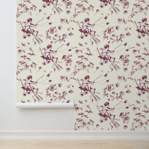 Cute Vintage Cupid Angel Red Ivory Floral Toile Wallpaper