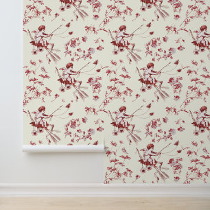 Cute Vintage Cupid Angel Red Ivory Floral Toile Wallpaper