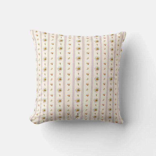 Cute Vintage Daisy Stripes Cream White Cushion (Front)