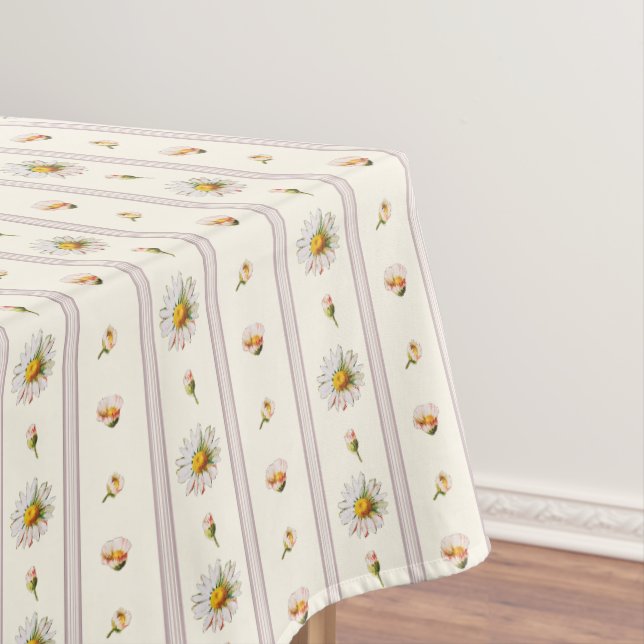 Cute Vintage Daisy Stripes Cream White Tablecloth (In Situ)