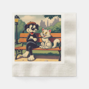 Cute, vintage dog/cat cartoon napkin