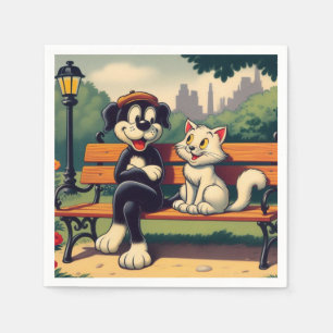 Cute, vintage dog/cat cartoon napkin