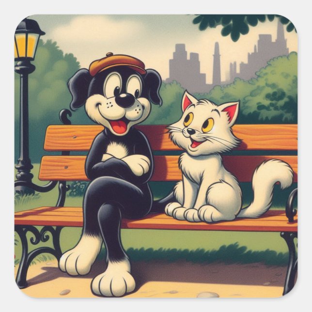 Cute, vintage dog/cat cartoon square sticker (Front)