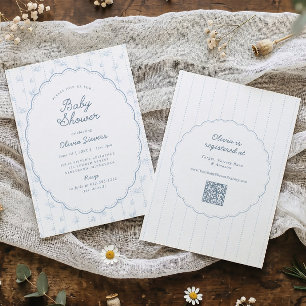 Cute Vintage Dusty Blue Oval Frame Baby Shower Invitation