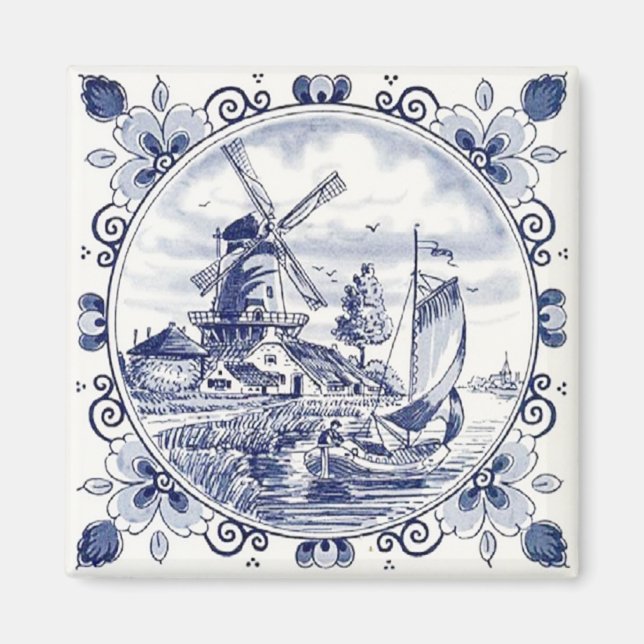 Cute Vintage Dutch Windmill Sailboat Delft Blue Magnet (Front)