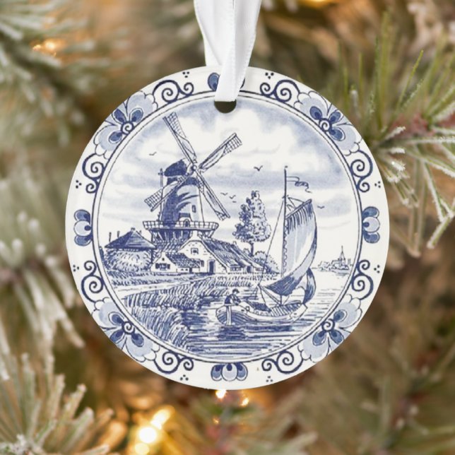 Cute Vintage Dutch Windmill Sailboat Delft Blue Ornament (Tree)