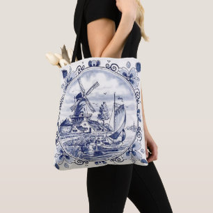 Cute Vintage Dutch Windmill Sailboat Delft Blue Tote Bag