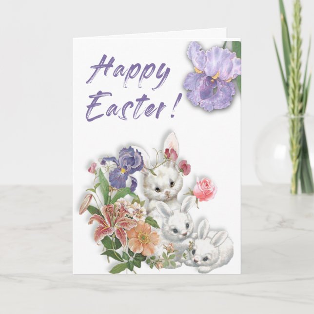 Cute Vintage Easter Bunnies and Flowers Holiday Card (Front)
