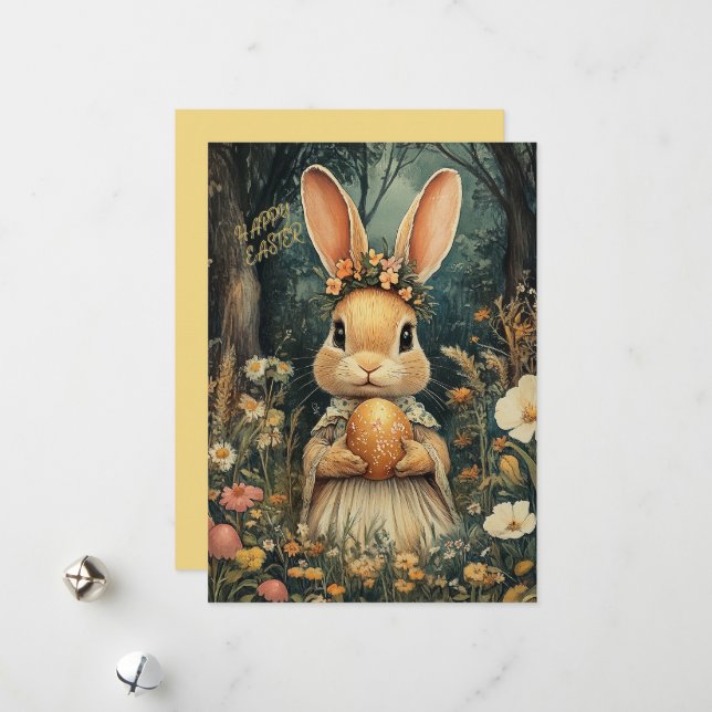 Cute Vintage Easter Bunny and Flowers Holiday Card (Front/Back In Situ)