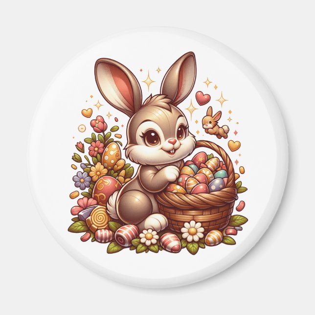 Cute Vintage Easter Bunny, Basket and Eggs Magnet (Front)