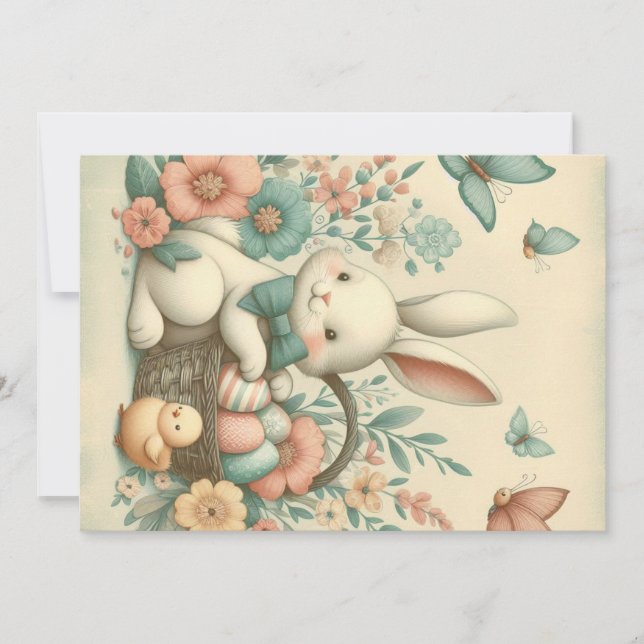Cute, Vintage Easter bunny & chick Holiday Card (Front)