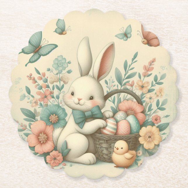 Cute, Vintage Easter bunny & chick Paper Coaster (Front)