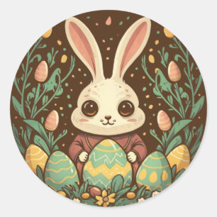 Cute Vintage Easter Bunny Eggs Round Stickers
