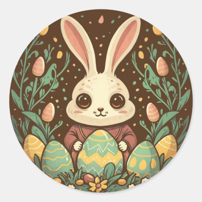 Cute Vintage Easter Bunny Eggs Round Stickers (Front)