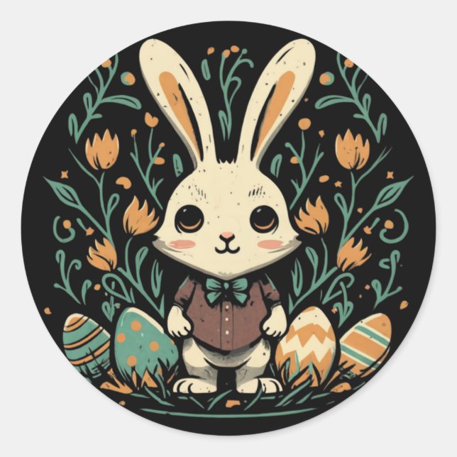 Cute Vintage Easter Bunny Flowers Round Stickers (Front)