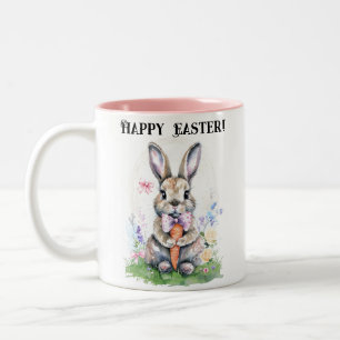 Cute Vintage Easter Bunny Rabbit Watercolor Two-Tone Coffee Mug