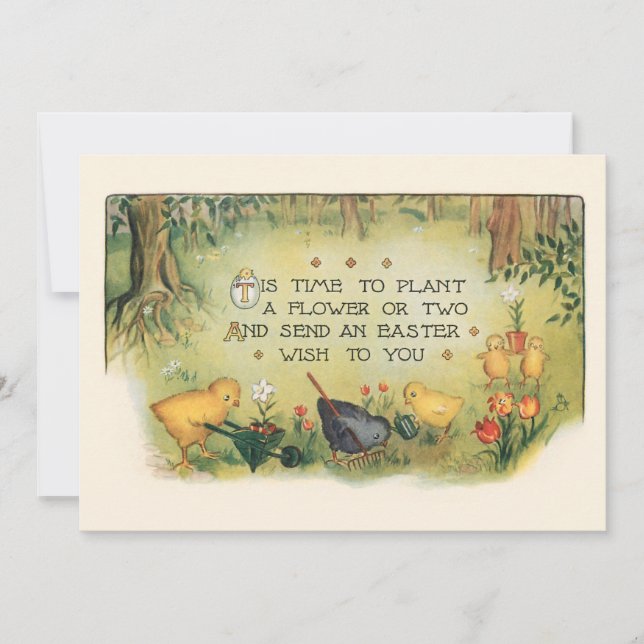 Cute Vintage Easter Chicks & Spring Flowers Holiday Card (Front)