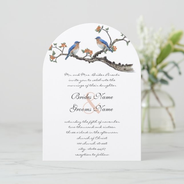 Cute Vintage Eastern Bluebirds Wedding Invitations (Standing Front)