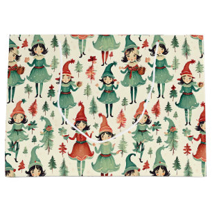 Cute Vintage Elves Christmas Seasonal Large Gift Bag