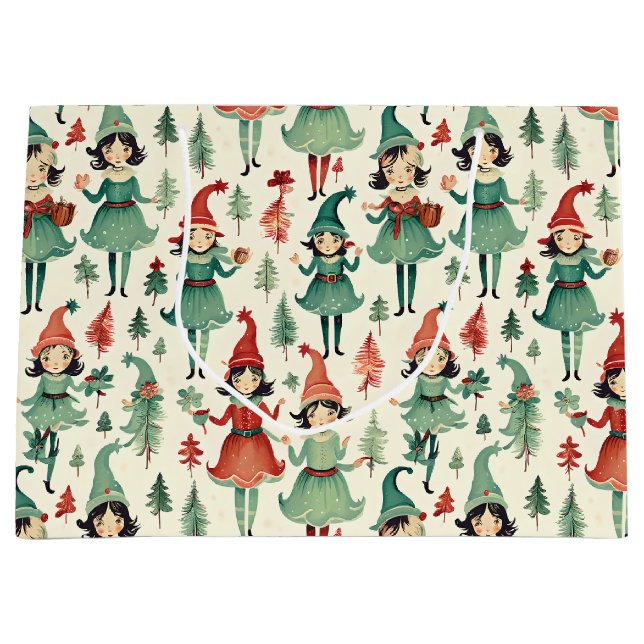 Cute Vintage Elves Christmas Seasonal  Large Gift Bag (Front)