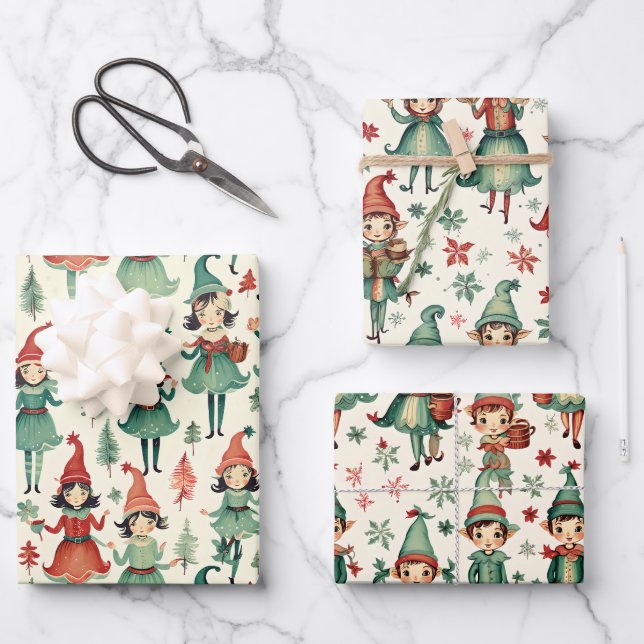 Cute Vintage Elves Christmas Seasonal  Wrapping Paper Sheet (Front)