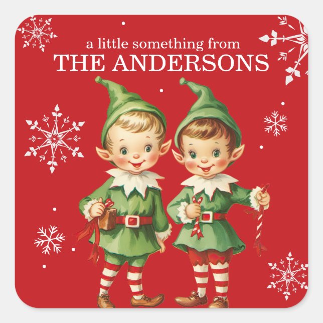 Cute Vintage Elves Classic Christmas Custom Square Sticker (Front)