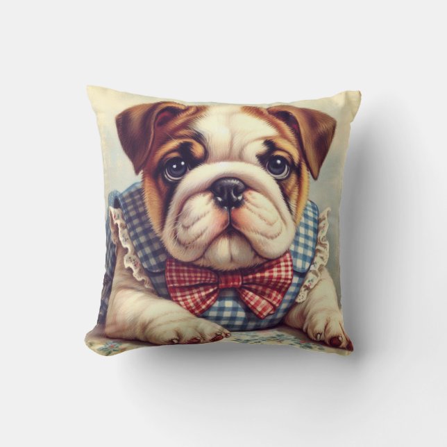 Cute Vintage English Bulldog Art Cushion (Front)