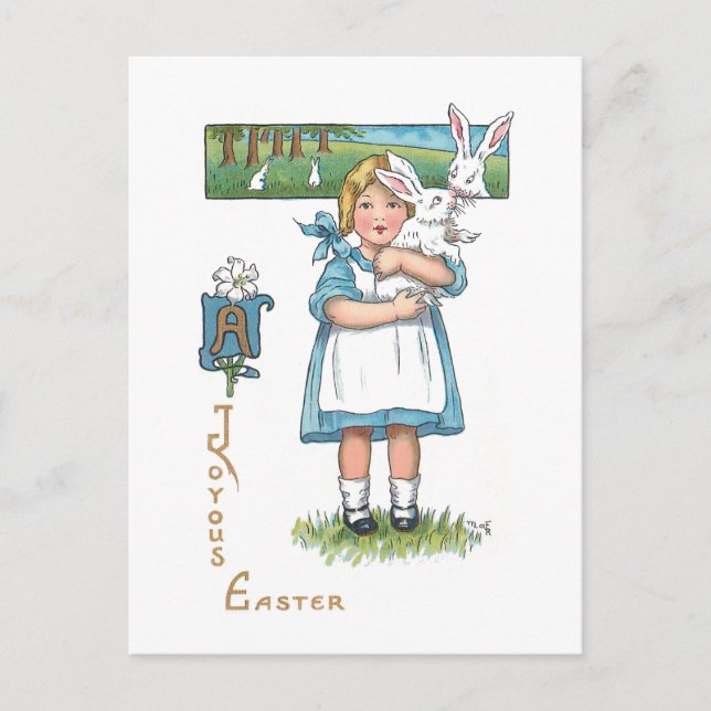 Cute Vintage Farm Girl with Easter Bunny Postcard (Front)