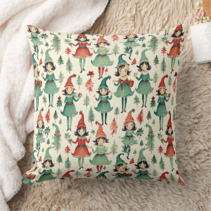 Cute Vintage Female Elves Christmas Seasonal Cushion